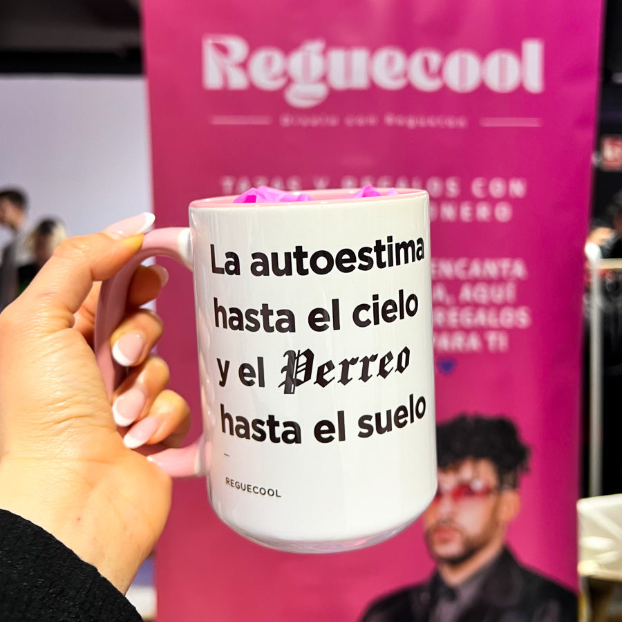 Taza Grande Blanca con Interior y Asa Rosa | Elige tu frase de Reggaeton