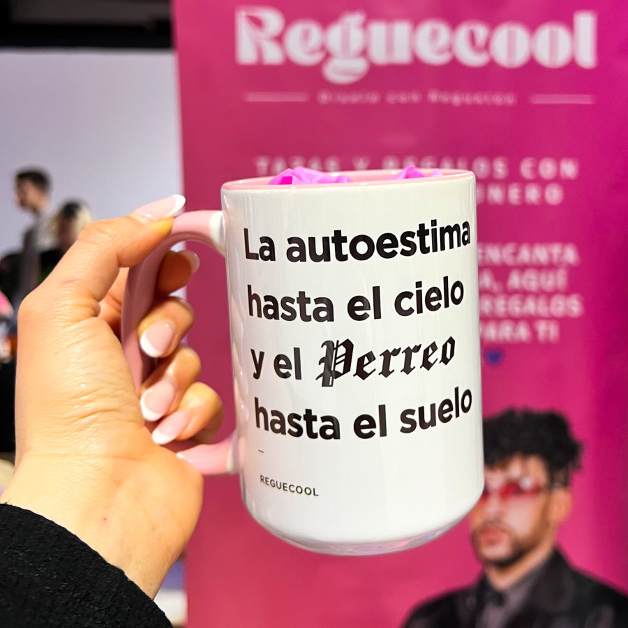 Taza Grande Blanca con Interior y Asa Rosa | Elige tu frase de Reggaeton