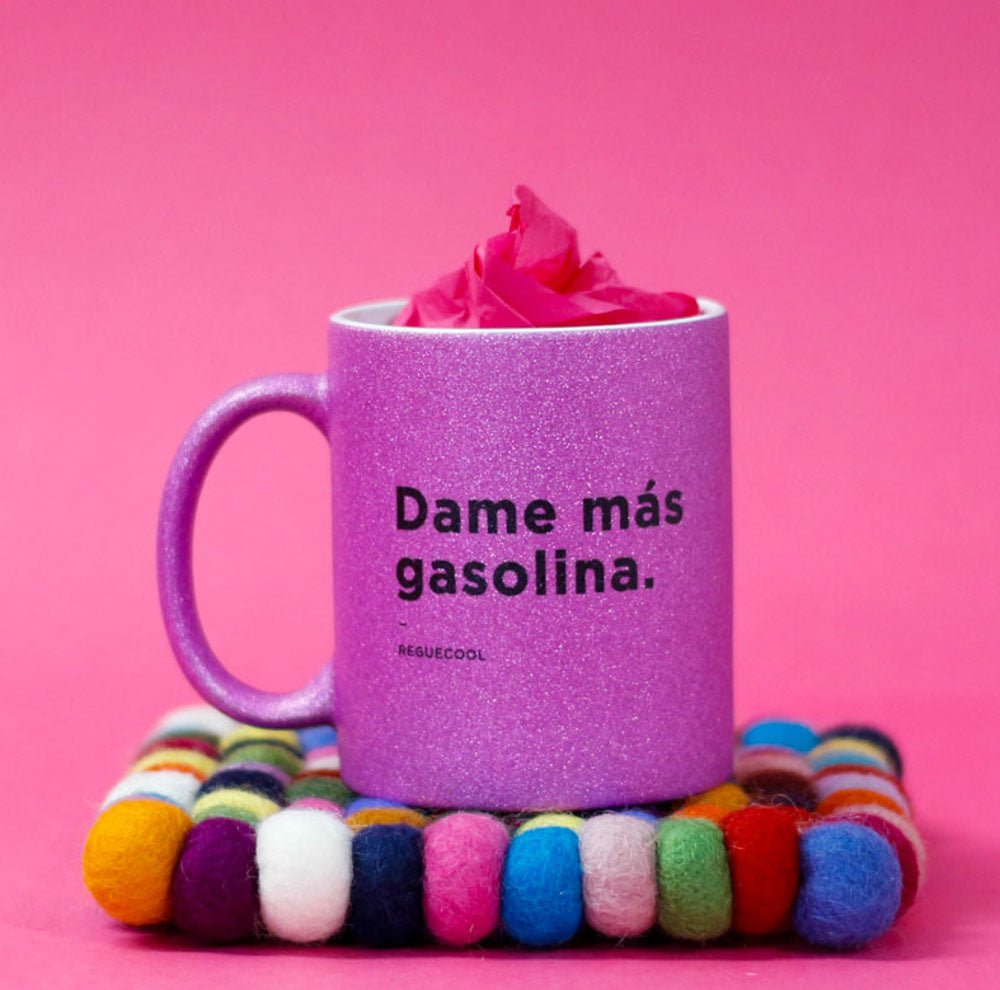 Taza Morada Purpurina | Elige tus frases de Reggaeton - Reguecool