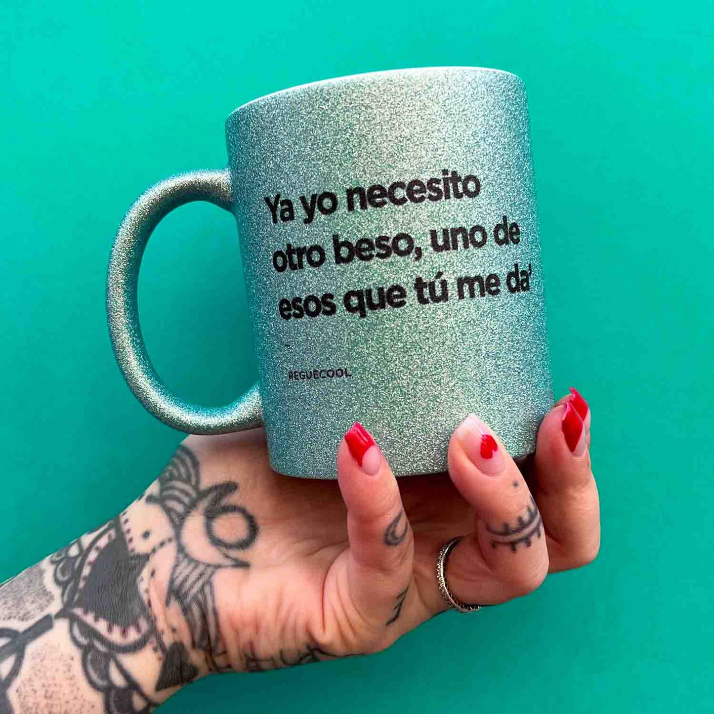 Taza Verde Purpurina | Elige tus frases de Reggaeton - Reguecool